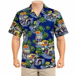 Pacific Legend Hawaiian Aloha Shirt Medium Motorcycles Diner Palm Trees‎